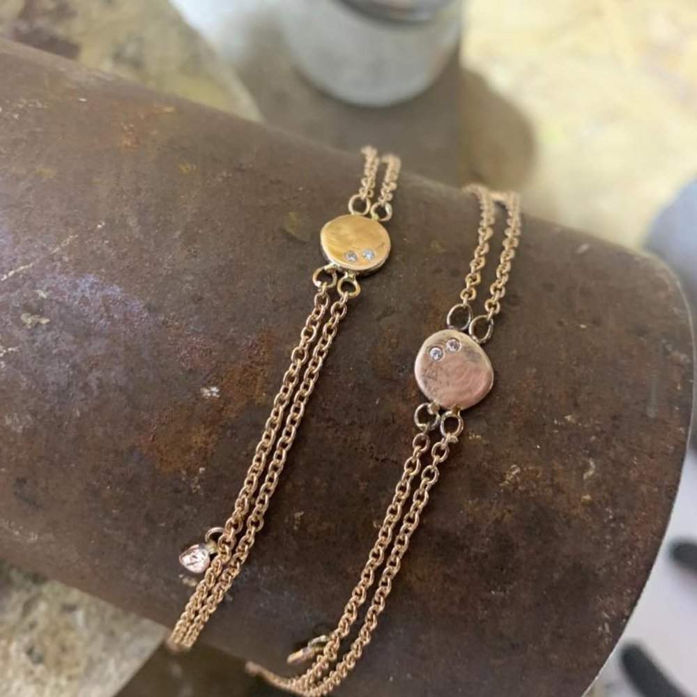 Gold diamonds bracelet. 14K Rose gold bracelet with 2 Diamonds. Handmade unique